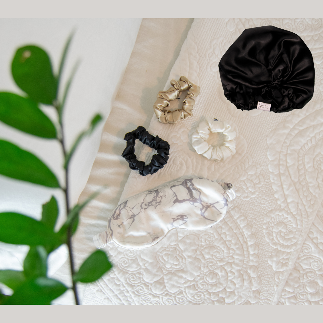 Fit for a Queen Gift Set: Queen Pillowcase, Eye Mask, Medium Silk Scrunchies, Silk Turban