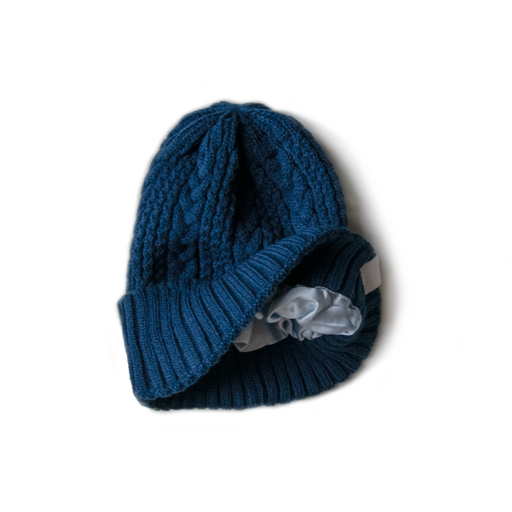 Navy Blue pure cashmere fur pom pom cable knit beanie hat