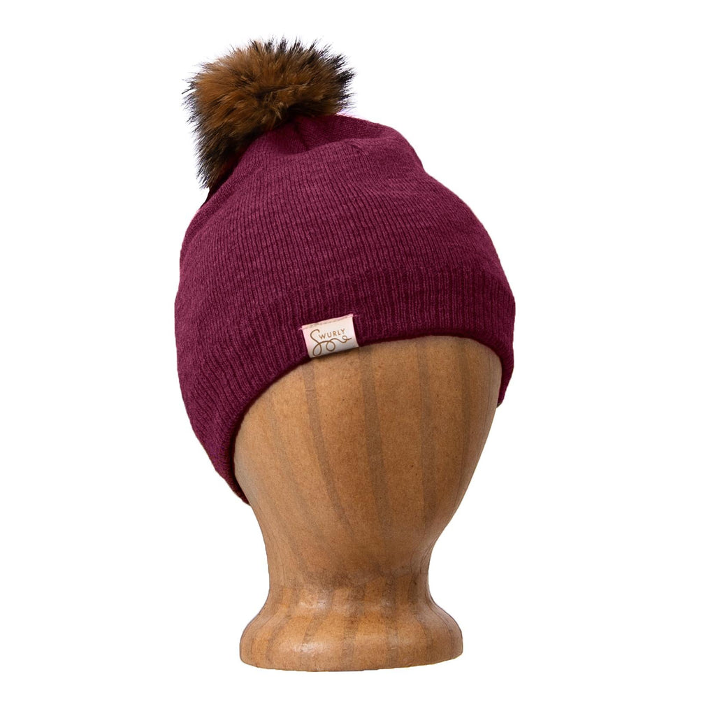Silk Lined Knit Beanies with Removable Pom Pom|Dark Berry/Gold Lining